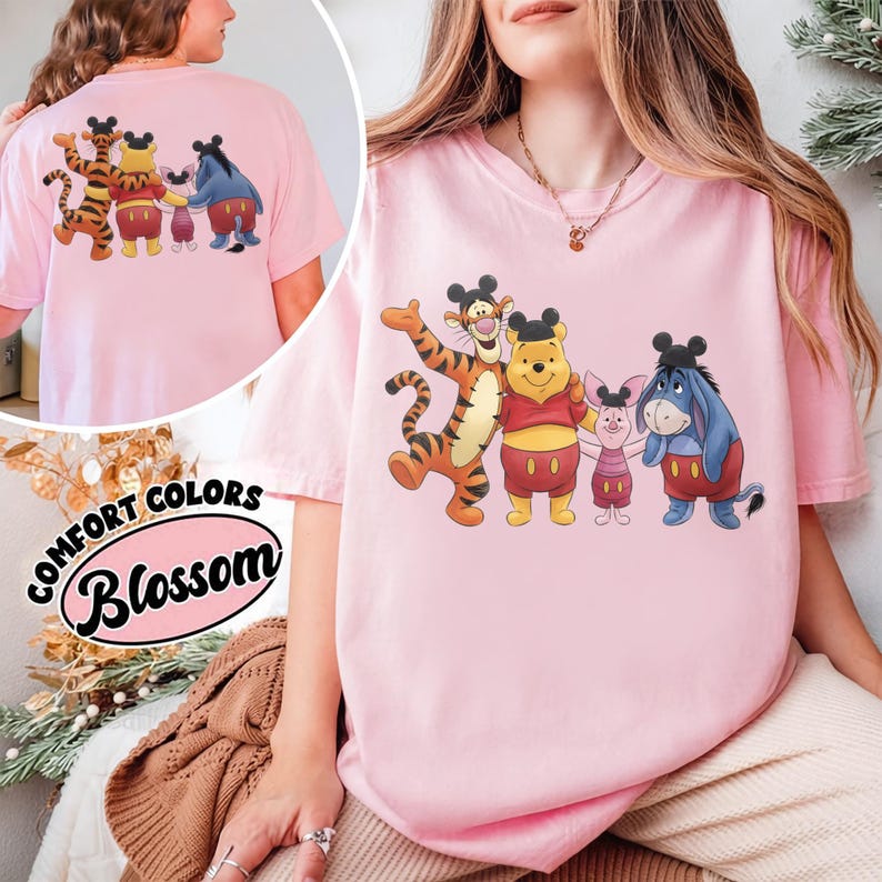 2-sided Disney Winnie the Pooh Mickey Ears Hat Comfort T-shirt, Pooh Tigger Piglet Eeyore Tee , Disneyland California Trip Tee, Pooh Tee