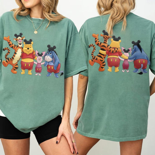 2-sided Disney Winnie the Pooh Mickey Ears Hat Comfort T-shirt, Pooh Tigger Piglet Eeyore Tee , Disneyland California Trip Tee, Pooh Tee