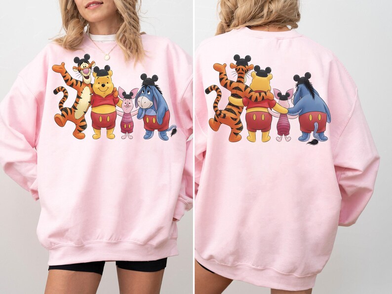 2-sided Disney Winnie the Pooh Mickey Ears Hat Comfort T-shirt, Pooh Tigger Piglet Eeyore Tee , Disneyland California Trip Tee, Pooh Tee