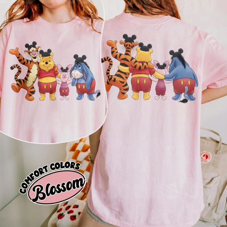 2-sided Disney Winnie the Pooh Mickey Ears Hat Comfort T-shirt, Pooh Tigger Piglet Eeyore Tee , Disneyland California Trip Tee, Pooh Tee