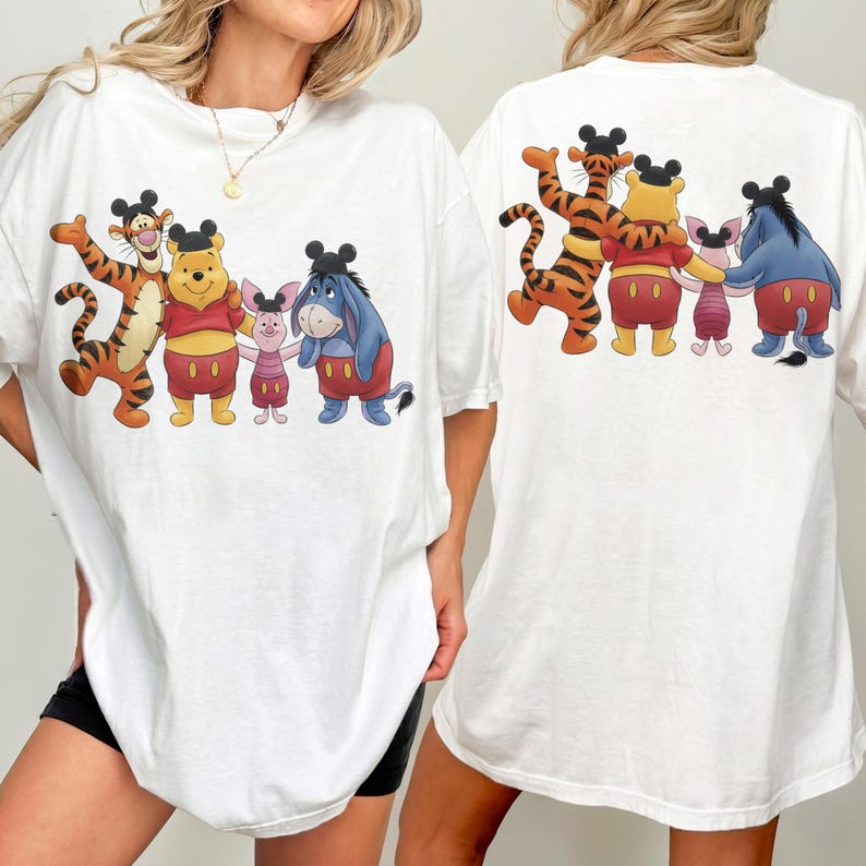 2-sided Disney Winnie the Pooh Mickey Ears Hat Comfort T-shirt, Pooh Tigger Piglet Eeyore Tee , Disneyland California Trip Tee, Pooh Tee