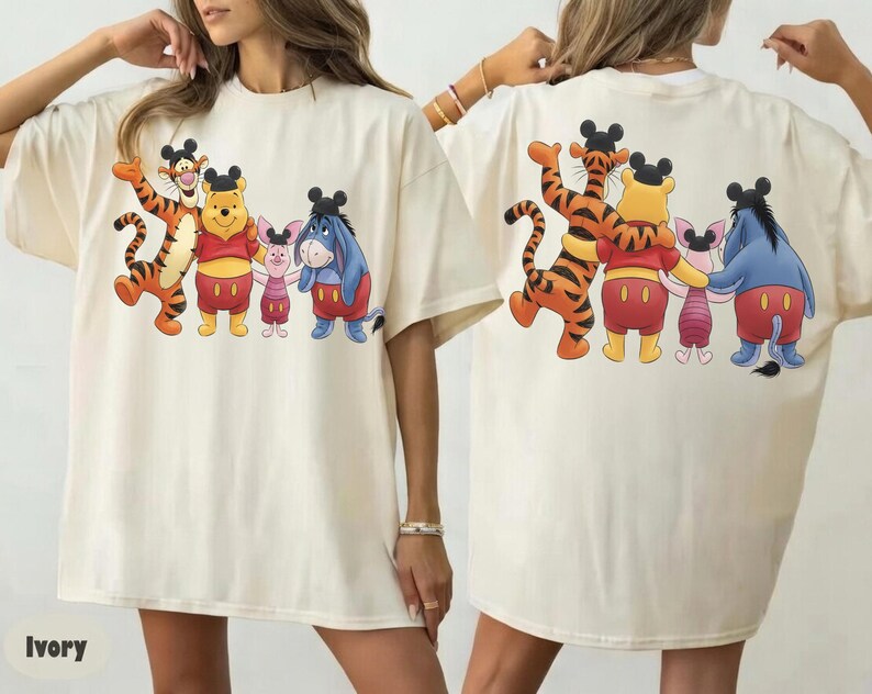 2-sided Disney Winnie the Pooh Mickey Ears Hat Comfort T-shirt, Pooh Tigger Piglet Eeyore Tee , Disneyland California Trip Tee, Pooh Tee