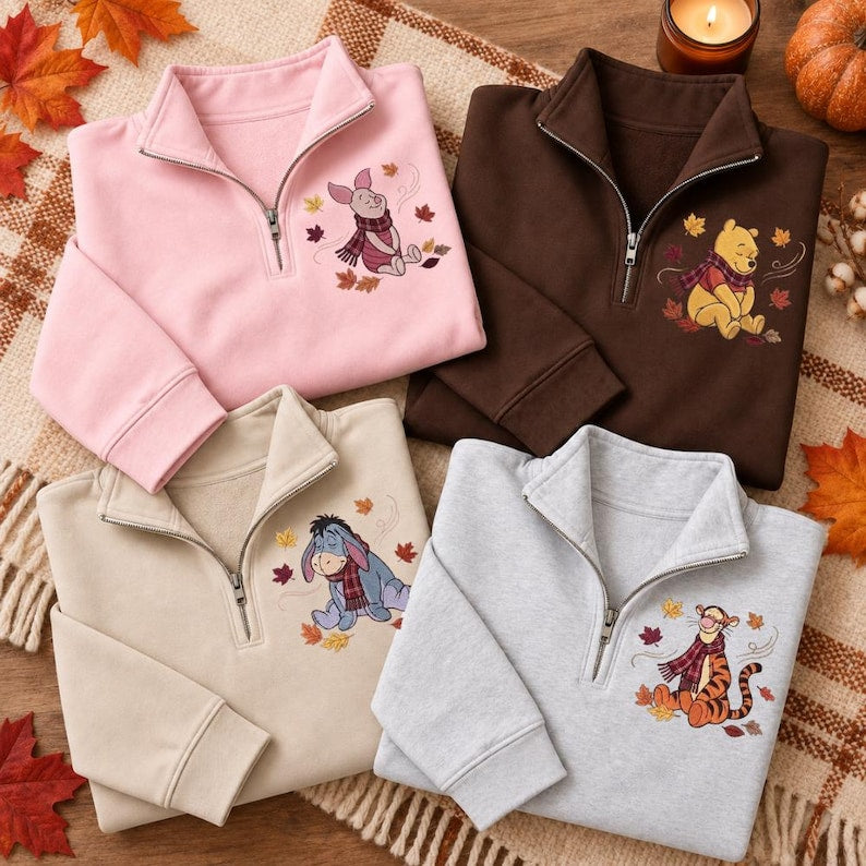 Embroidered Halloween Winnie The Pooh and Friends Quarter Zip Sweatshirt, Spooky Bear Pumpkin Pullover, Cute Fall Autumn Disney Trip Shirt