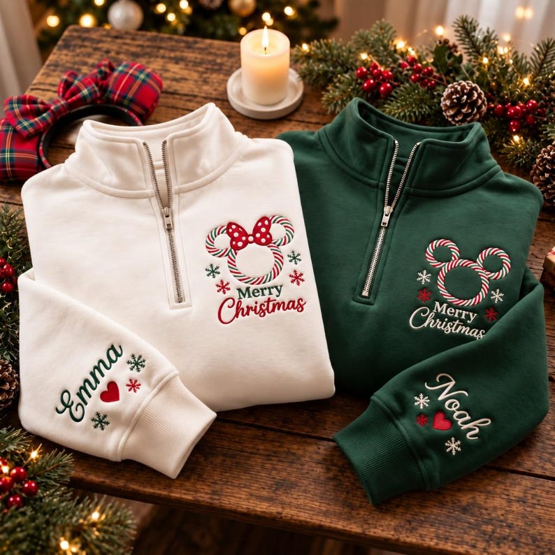 Embroidered Mickey Minnie Christmas Quarter Zip Sweatshirt, Disneyland Couple Shirts, Christmas Light Sweater, Disney Peppermint Xmas Shirt