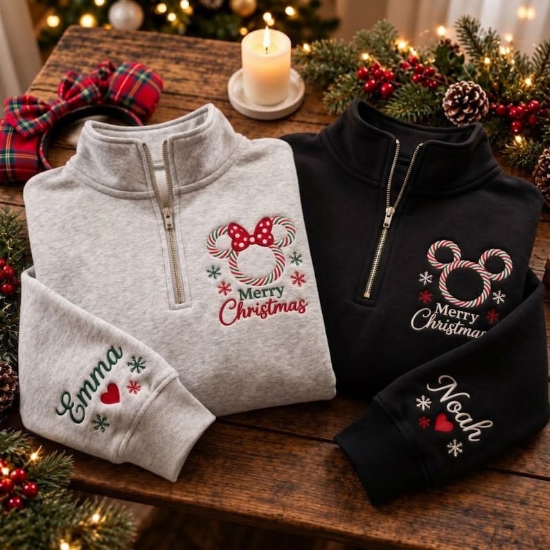 Embroidered Mickey Minnie Christmas Quarter Zip Sweatshirt, Disneyland Couple Shirts, Christmas Light Sweater, Disney Peppermint Xmas Shirt
