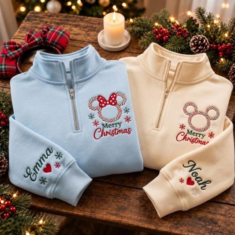 Embroidered Mickey Minnie Christmas Quarter Zip Sweatshirt, Disneyland Couple Shirts, Christmas Light Sweater, Disney Peppermint Xmas Shirt