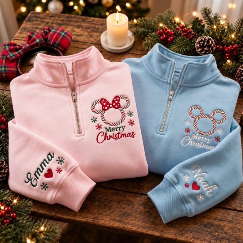 Embroidered Mickey Minnie Christmas Quarter Zip Sweatshirt, Disneyland Couple Shirts, Christmas Light Sweater, Disney Peppermint Xmas Shirt