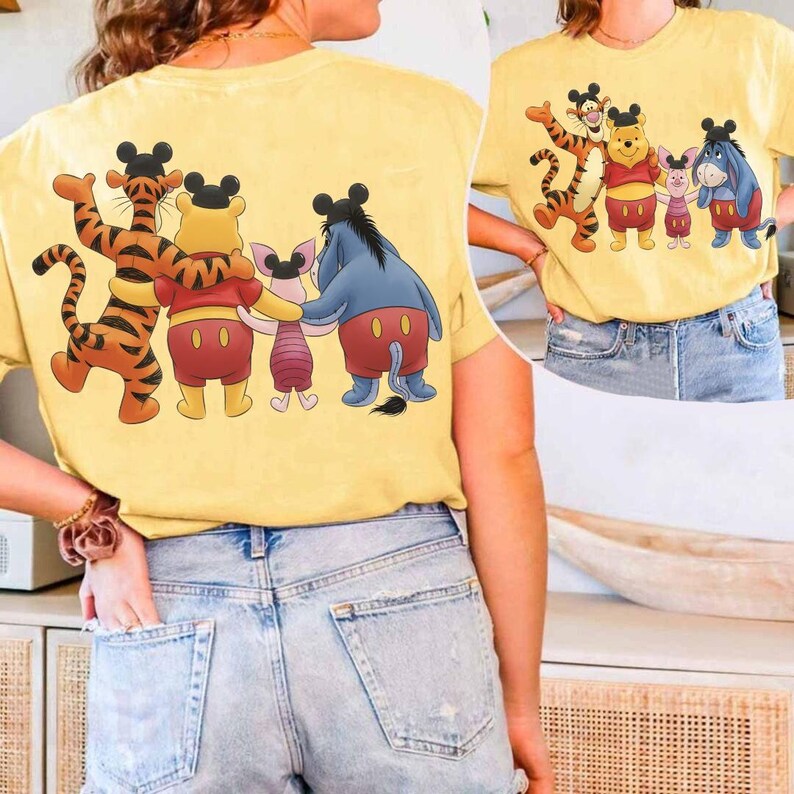 2-sided Disney Winnie the Pooh Mickey Ears Hat Comfort T-shirt, Pooh Tigger Piglet Eeyore Tee , Disneyland California Trip Tee, Pooh Tee