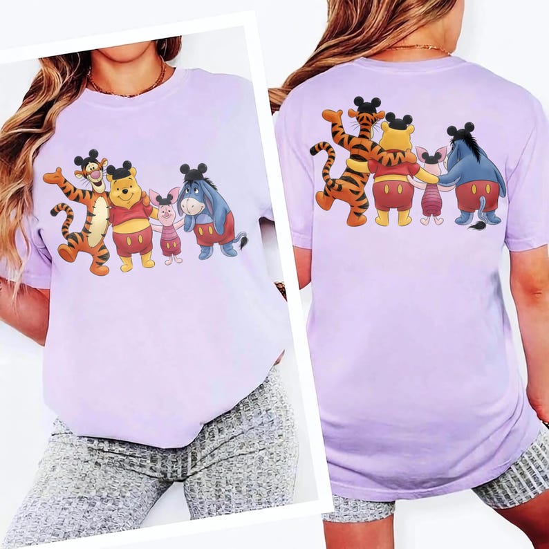 2-sided Disney Winnie the Pooh Mickey Ears Hat Comfort T-shirt, Pooh Tigger Piglet Eeyore Tee , Disneyland California Trip Tee, Pooh Tee