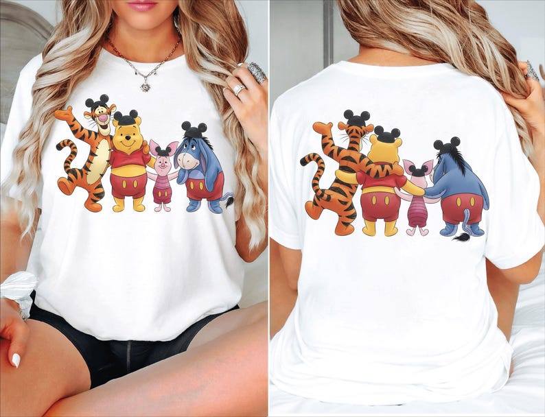 2-sided Disney Winnie the Pooh Mickey Ears Hat Comfort T-shirt, Pooh Tigger Piglet Eeyore Tee , Disneyland California Trip Tee, Pooh Tee