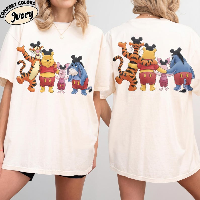 2-sided Disney Winnie the Pooh Mickey Ears Hat Comfort T-shirt, Pooh Tigger Piglet Eeyore Tee , Disneyland California Trip Tee, Pooh Tee