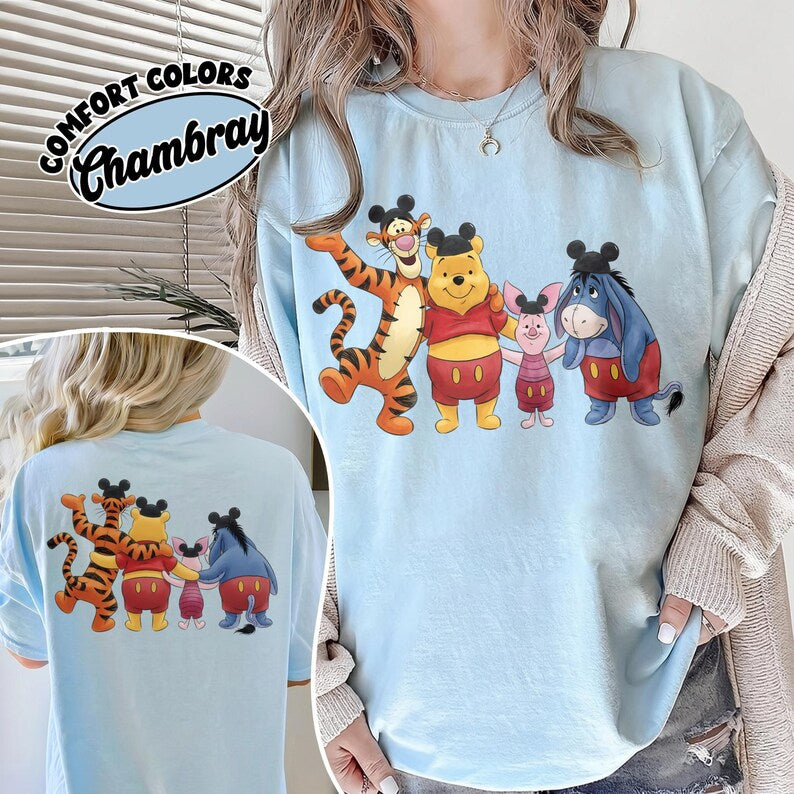 2-sided Disney Winnie the Pooh Mickey Ears Hat Comfort T-shirt, Pooh Tigger Piglet Eeyore Tee , Disneyland California Trip Tee, Pooh Tee