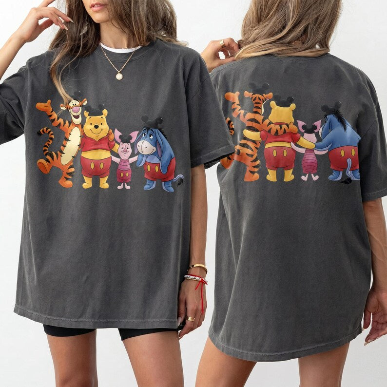 2-sided Disney Winnie the Pooh Mickey Ears Hat Comfort T-shirt, Pooh Tigger Piglet Eeyore Tee , Disneyland California Trip Tee, Pooh Tee