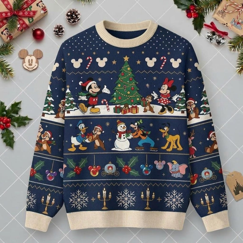 Disney Christmas Sweater, Mickey Minnie Tree Knitted Crewneck Pullover, Burgundy Ugly Xmas Holiday Jumper