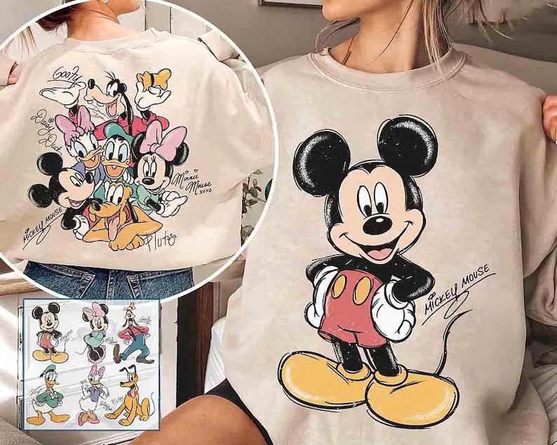2-sided Mickey And Friends Signatures Retro Shirt, Disney Mickey Minnie Classic Pose Family Trip Matching 2026 Tee, Disney Birthday Gifts