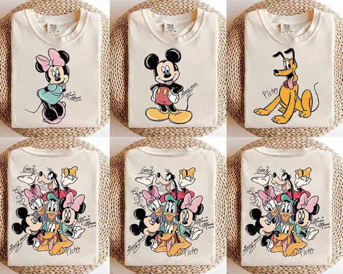 2-sided Mickey And Friends Signatures Retro Shirt, Disney Mickey Minnie Classic Pose Family Trip Matching 2026 Tee, Disney Birthday Gifts