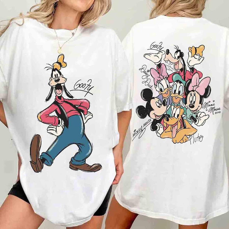 2-sided Mickey And Friends Signatures Retro Shirt, Disney Mickey Minnie Classic Pose Family Trip Matching 2026 Tee, Disney Birthday Gifts