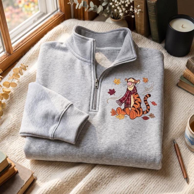Embroidered Halloween Winnie The Pooh and Friends Quarter Zip Sweatshirt, Spooky Bear Pumpkin Pullover, Cute Fall Autumn Disney Trip Shirt