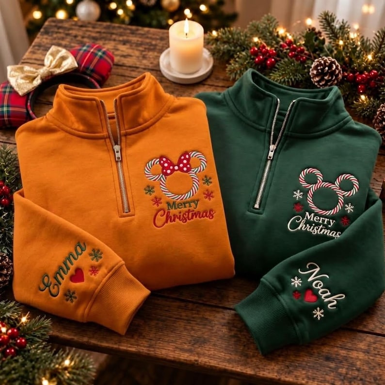 Embroidered Mickey Minnie Christmas Quarter Zip Sweatshirt, Disneyland Couple Shirts, Christmas Light Sweater, Disney Peppermint Xmas Shirt