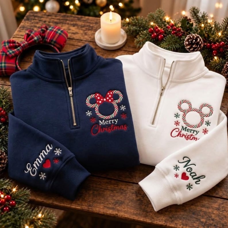 Embroidered Mickey Minnie Christmas Quarter Zip Sweatshirt, Disneyland Couple Shirts, Christmas Light Sweater, Disney Peppermint Xmas Shirt