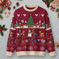Disney Christmas Sweater, Mickey Minnie Tree Knitted Crewneck Pullover, Burgundy Ugly Xmas Holiday Jumper