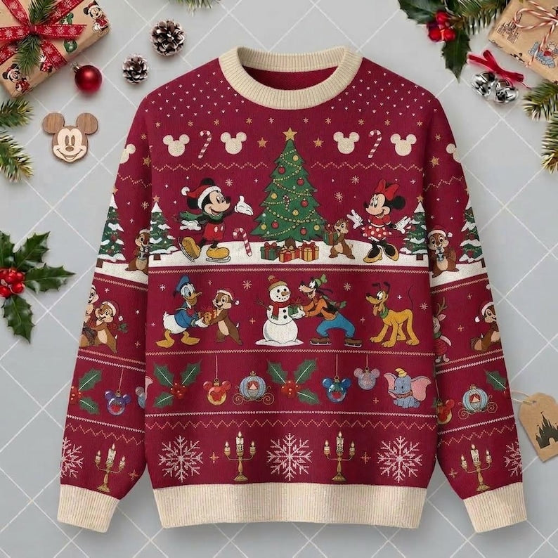 Disney Christmas Sweater, Mickey Minnie Tree Knitted Crewneck Pullover, Burgundy Ugly Xmas Holiday Jumper